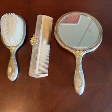 Silver Plated 3 Piece Comb Brush Mirror Vanity Dresser Set Ornate Vintage picture