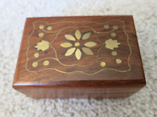 Miniature Wood Hinged Brass Floral Inlaid Design Trinket Box picture