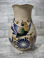 VTG Tonala Mexico Signed Pottery Pitcher Bird Flowers Blue Hand Painted Vase picture