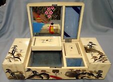 Vtg Ivory Lacquer & Inlay MOP Abalone Musical Jewelry Box Chest w Drawers & Key picture