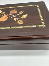 Jewelry Box Vintage Mid Century Modern Wood Floral  Mirrored Inlay Brown 9x5x3 picture