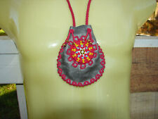 Leather Beaded Drawstring Medicine Bag, Talisman, Amulet Necklace Pouch, 4.5