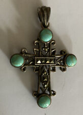 Vintage Southwestern Sterling  Silver Turquoise Cabochon Marcasite Cross Pendant picture