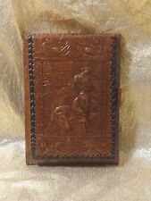 Vintage Spanish Hand Tooled Leather Note Pad Paper Holder Bull Fight Stationary picture