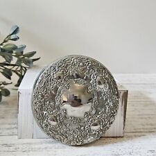 VINTAGE Round Hand Mirror Pocket Purse Embossed Silverplate Repousse Flowers 4