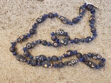 Antique Venetian Trade African Blue Glass Chevron Beads Long Necklace, 40