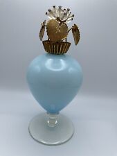 Vintage Opalescent Blue Glass Footed Perfume Bottle Jeweled Top Gold Leaves picture