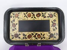 Hand-painted Signed Metal Tray Tolleware Black Gold Fruit & Flowers 14 In Long  picture