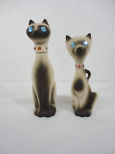 2 Vtg Siamese Cat Figurines; Calif USA Pottery, Rhonestone Eyes, Collars picture