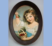 vintage antique METAL FRAME w VICTORIAN GIRL+CHERRIES LITHOGRAPH COLOR PRINT  picture