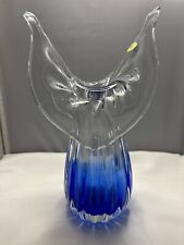 Vintage Hand Blown Art Glass Vase Cobalt Blue Clear 11” Tall and Heavy picture