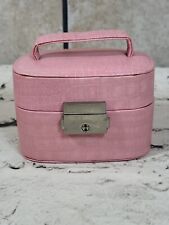 Travel Jewelry Box Pink Faux Alligator Skin Wrapped W/ Mirror And Handle No Key picture