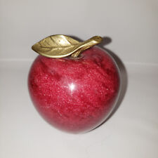 Vintage Red Polished Marble Stone Apple / Brass Leaf Paperweight picture