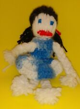 Vintage Crochet Girl Doll Handmade Modeled Blue Dress Black Hair PomPoms picture