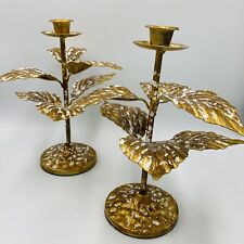 Gold White Metal Hollywood Regency Style Candlestick Taper Candle Holders leaves picture