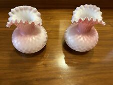 Pair Antique Mt Washington Pink Satin Glass Vase Quilted Diamond Pattern Ruffled picture