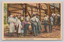 Amish Folks of Lancaster County Pa at Barn Raising Linen Postcard No 3119 picture