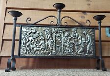 VINTAGE FIREPLACE SCREEN WITH RELIGIOUS NATIVITY ORNATE RELIEF BRONZE TONED picture