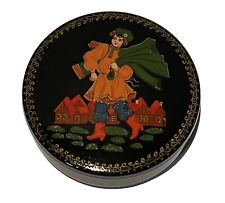 Vintage Russian Black Lacquer Metal Trinket Jewelry Box Ivan The Giant USSR picture