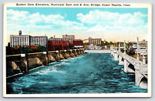 Original Old Vintage Outdoor Postcard Elevators Dam Bridge Cedar Rapids Iowa USA picture