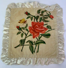 Velvet Roses Ornate Pillow Cover Satin Ruffle Slip on 10.5 inches VTG Estate picture