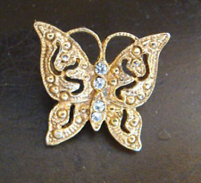 Mid Century 1960's Gold Diamond Rhinestone Butterfly Brooch - Vintage Lapel Pin picture