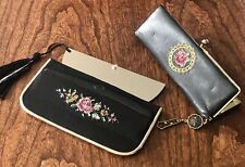 2pc Victorian Style COIN PURSE & Mirror/comb Embroidered Rose Gold Detail Black picture