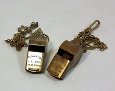 2 Vtg Original U.S. Army Regulation Solid Brass Whistle w/ Chain WWII Military picture