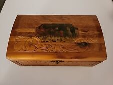 Vtg Carved Cedar Wood Domed Jewelry  Box Chest Horse & Fox Scene W/ Mirror  picture