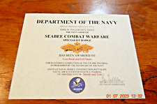 US Navy Officer's Seabee Combat Warfare Specialist Badge Replacement Certificate picture