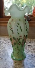 Cased Milk Green Glass Vase Hand Painted Pink Roses Floral Flower Ruffled Top picture