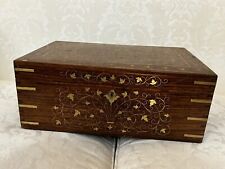 Antique Wood with Floral Brass Inlaid Handcrafted Jewlery Box Two Lined Shelves picture