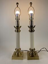 Pair Stiffel Lamps Brass Embossed Cream Leather Neoclassical Greek Revival picture