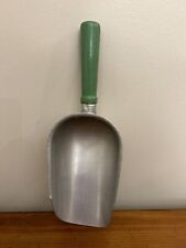 Vintage Aluminum Kitchen Scoop 11”  Feed Ice Flour Seed Grain Green Wood Handle picture