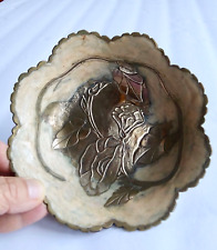 VTG Solid Brass & Enamel Dish Trinket Bowl w Etched flowers 5 1/4