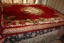Italian Velvet Wedding Bedspread Roses flowers Red Berry Pink 66 x 90 VINTAGE picture