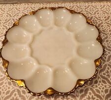 Vintage White Milk Glass DEVILED EGG Tray Dish w Gold Trim Fire King picture