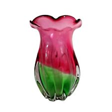 Teleflora Vase Trumpet Floral Glass Watermelon Green Cranberry Pink Swirl 7 inch picture