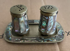 ⭐️MEXICO ALPACA SILVER ABALONE Salt Pepper Tray Set Handmade 3-pieces Vintage picture