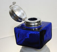 Lot of 2 Vintage Antique Style Square Cobalt Blue Glass Inkwell Bottle ink picture