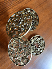 Two Antique Heavy Brass Curtain Tiebacks Classic Patterned Decoration floral picture