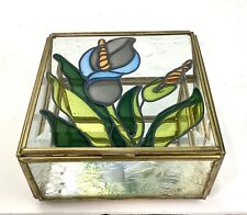 Trinket Jewelry Box Stained Glass Gold Tone Mirror Floral Etched 5” Square picture