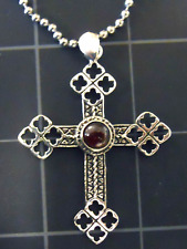 Cross Red Garnet Pendant Sterling Silver New/Old Ball Chain Necklace Vintage picture