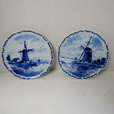 Two Royal Delft De Porceleyne Fles 6” Wall Plate Windmill Blue & White 1979 picture