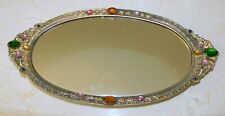 ANTIQUE VINTAGE JEWELED OVAL MIRROR FOOTED DRESSER TRAY picture