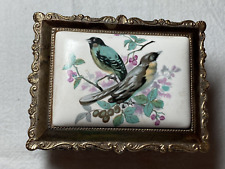 Vtg Porcelain Trinket Music Box Ornate Metal Enamel Hand Painted Birds picture