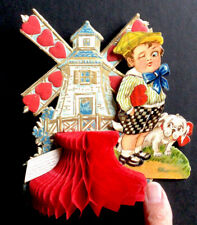Vtg Germany Honeycomb Diecut Valentine Card Boy Dog Windmill #d1 picture