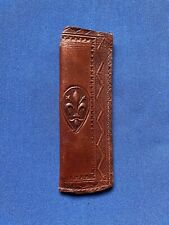 VTG Hand Tooled Embossed Dark Leather Hair Comb Case Fleur De Lis French RARE picture
