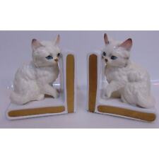 LEFTON Bookends Vintage White Cat Kitty H518 Japan Ceramic Sticker Kittens OLD picture