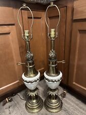Pair Of Stiffel Lamps Brass Porcelain Grape Vines Urn Hollywood Regency picture